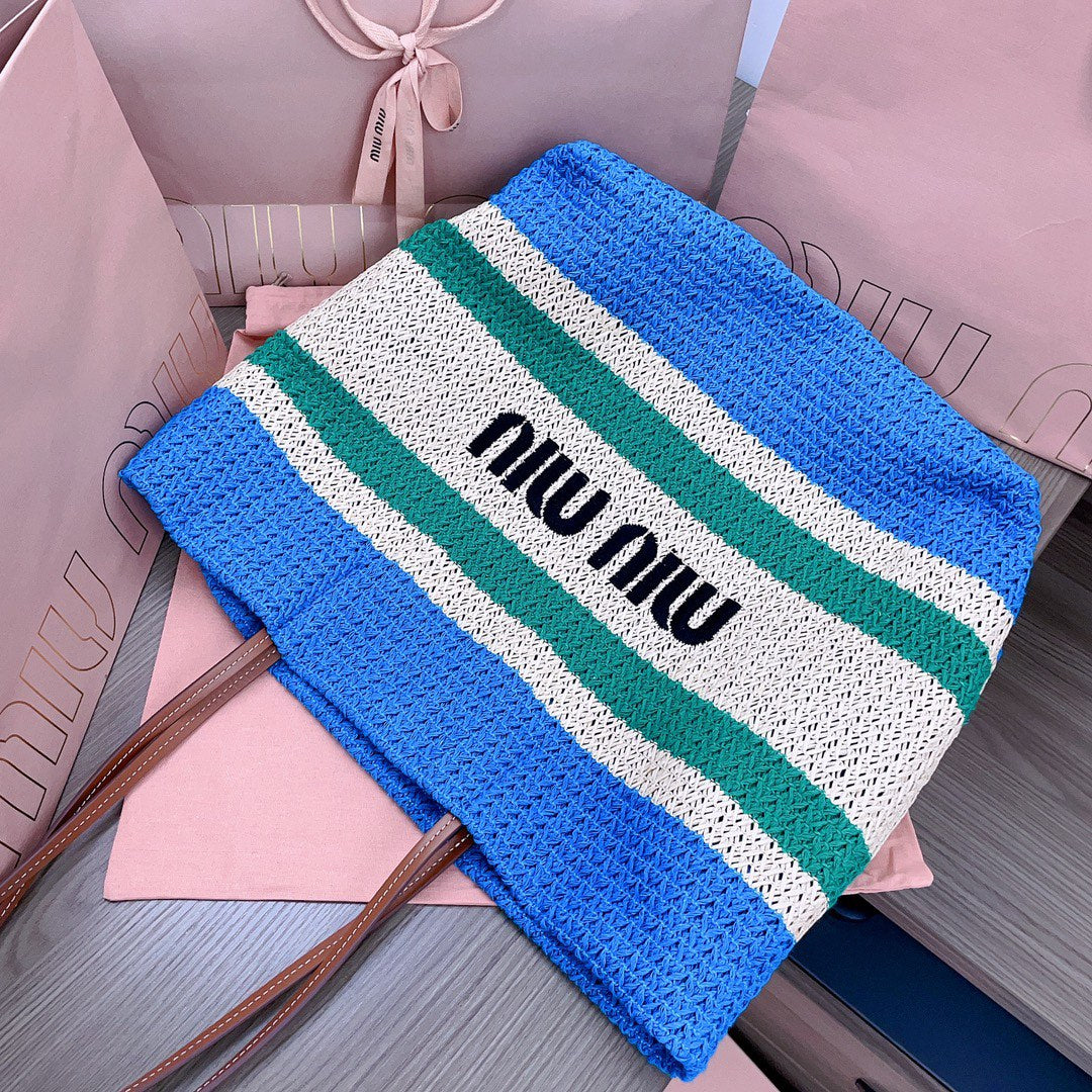 TOTE BAG 40 IN STRIPED PATTERN OF BLUE GREEN AND CREAM WHITE WOVEN RAFFIA