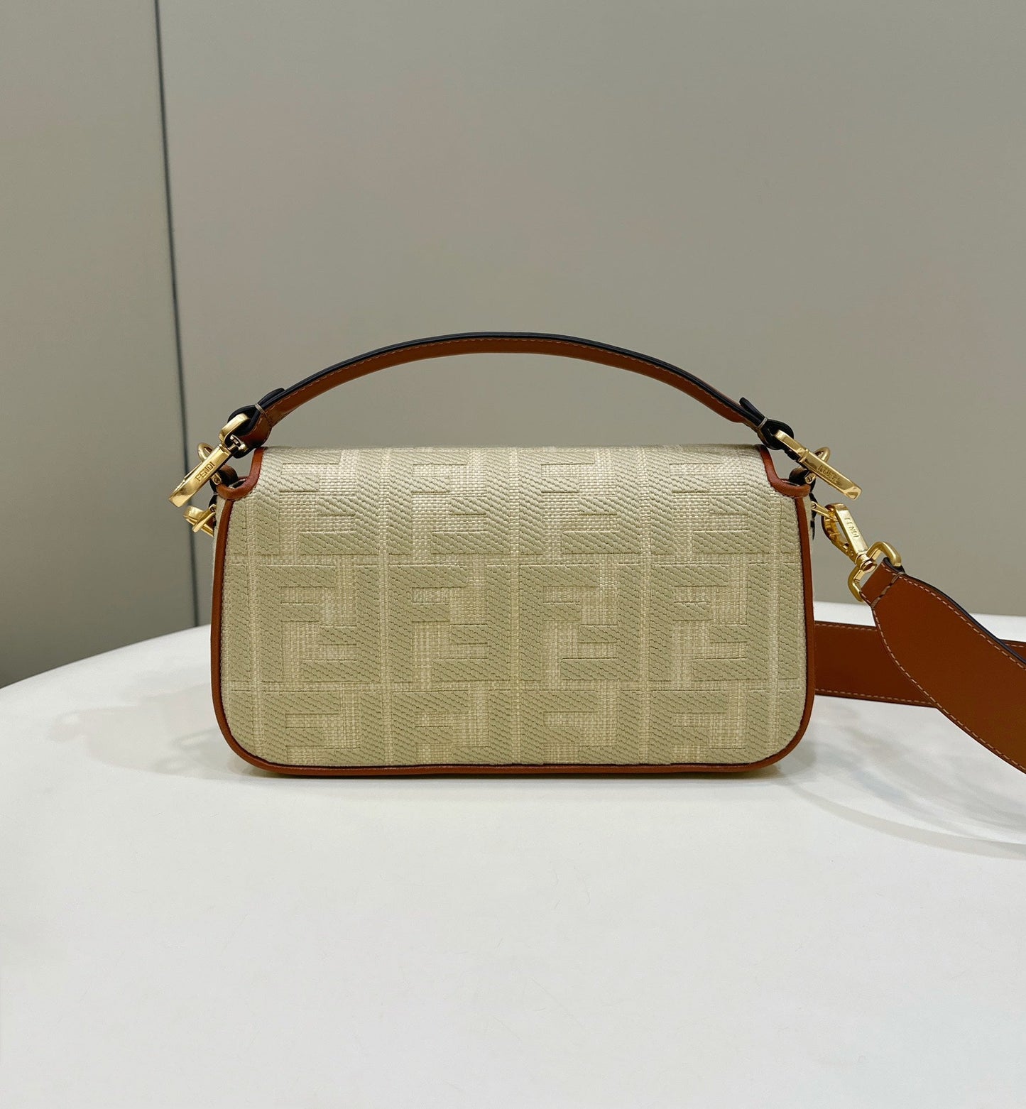 Fend Baguette Tan Beige Canvas Bag 27 with FF Embroidery Ghw