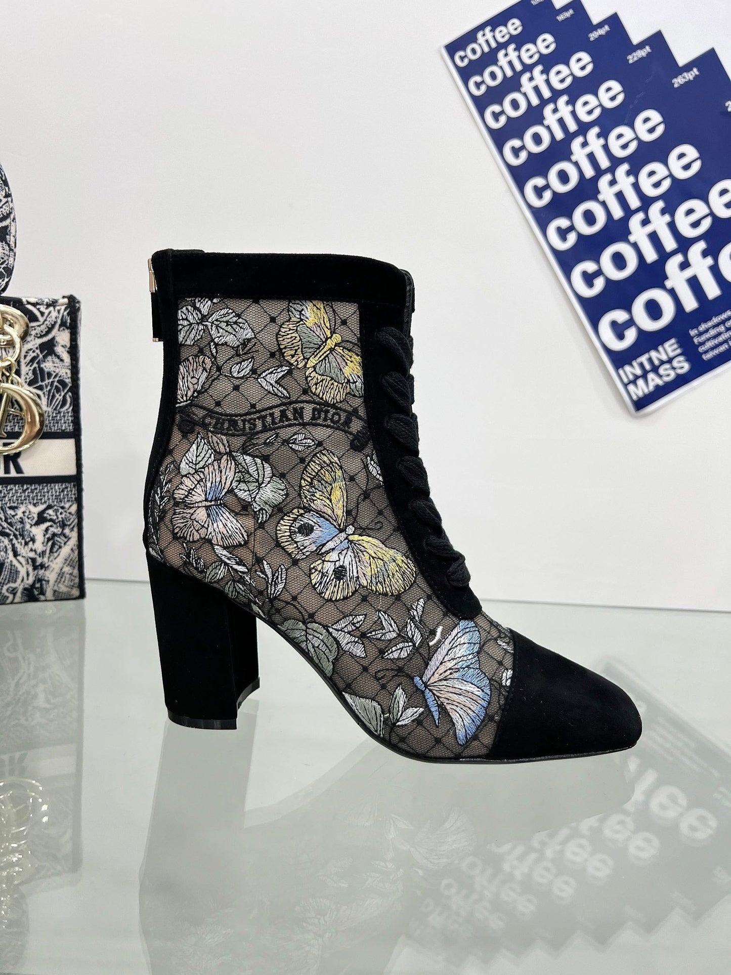 DIOR 25S NAUGHTILY-D ANKLE BOOTS 80 MM IN BLACK MESH TULLE AND SUEDE STYLE 2