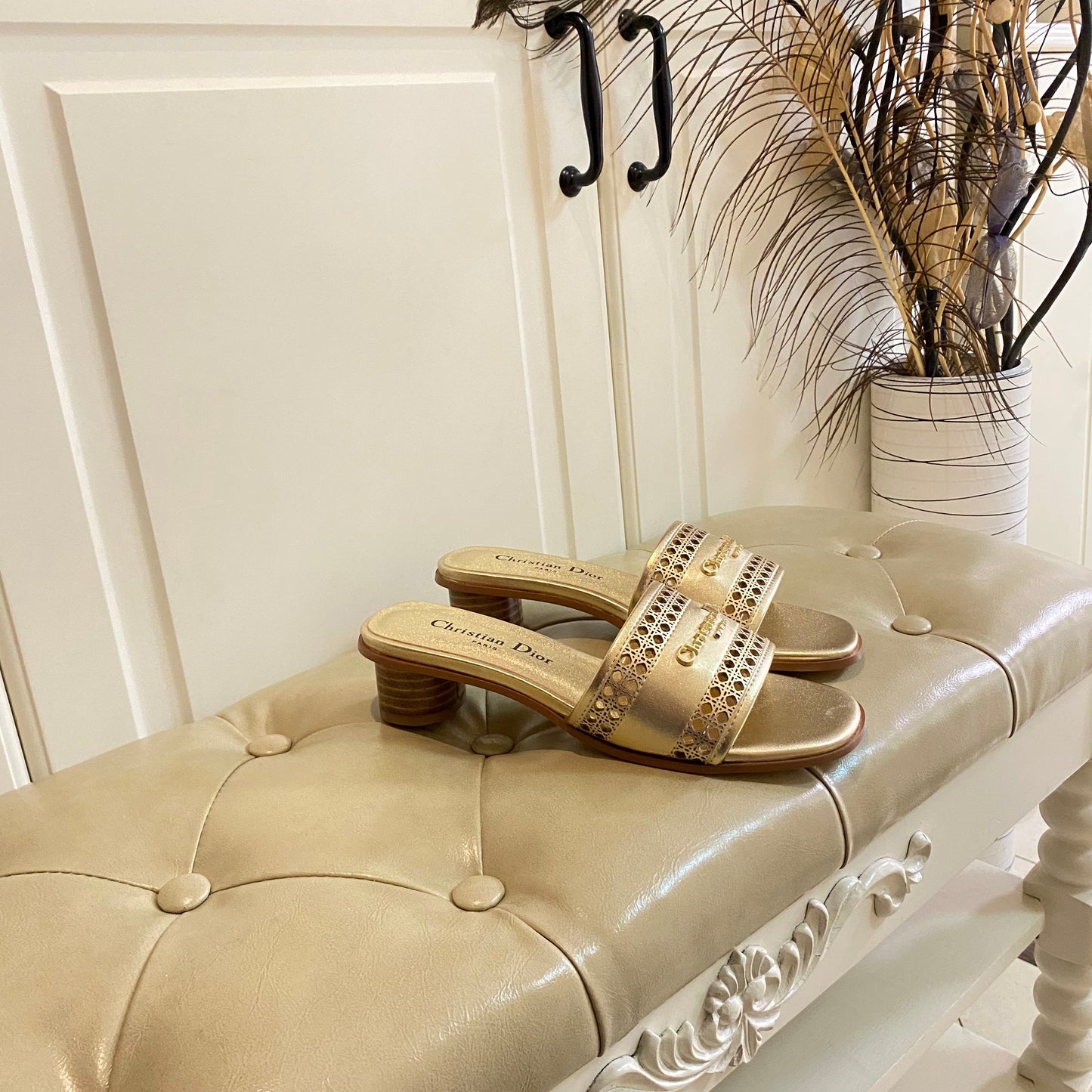 DIOR DWAY HEELED SLIDE IN GOLD CALFSKIN WITH GOLD LOGO