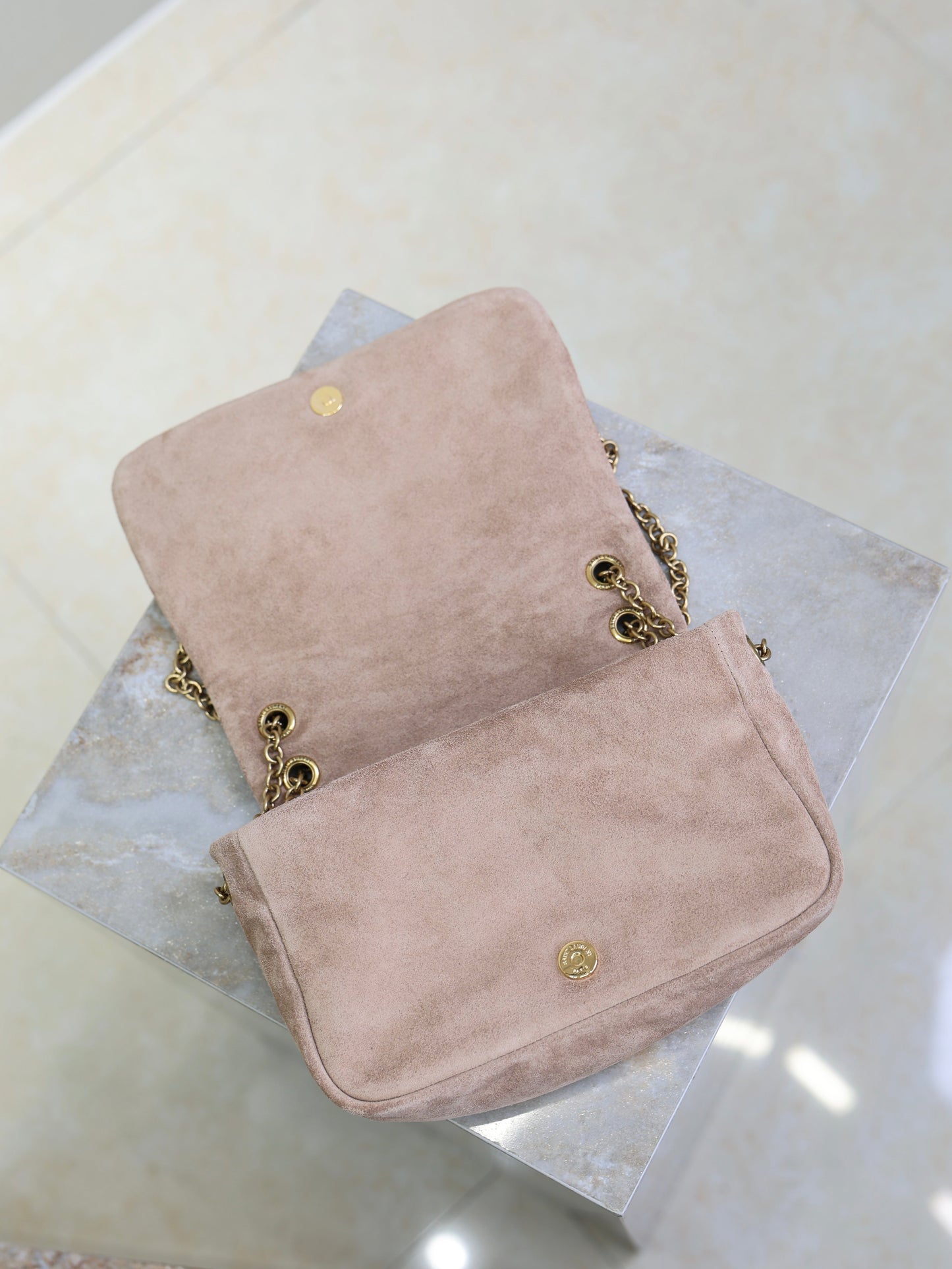 YSL 25S JAMIE 4.3 MINI 20 IN DUSTY ROSE BEIGE SUEDE GOLD HARDWARE