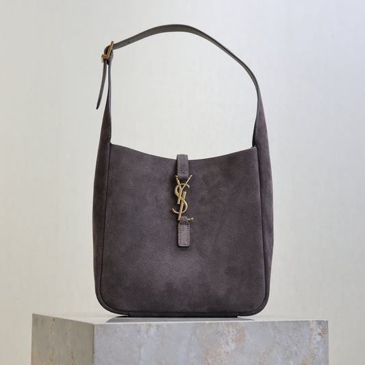 YSL 25S LE 5 À 7 SUPPLE SMALL 23 IN DARK GRAY SUEDE GOLD HARDWARE