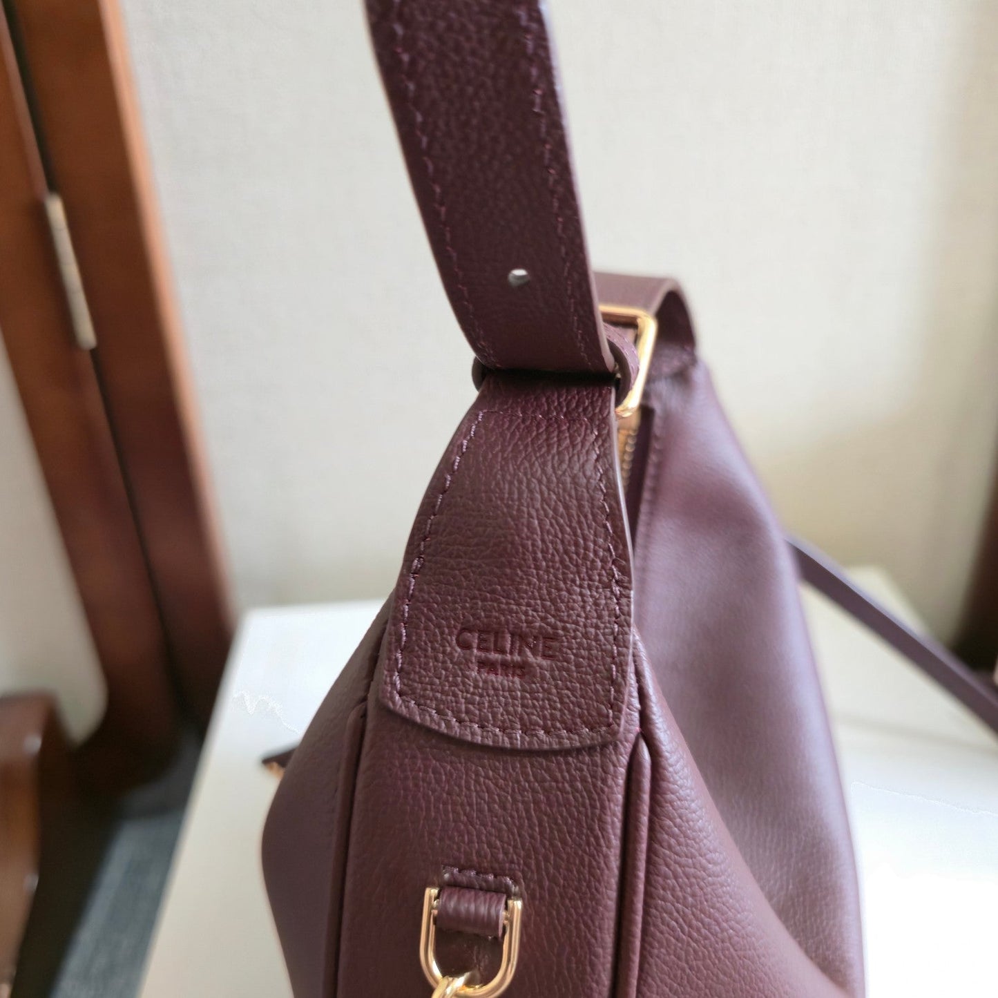 CELINE 25S TEEN LULU BAG 24MM IN SYRAH RED CALFSKIN GOLD HARDWARE