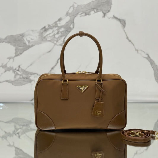PRADA LARGE TOP HANDLE BAG 35 IN CHERRY WOOD NYLON AND CALFSKIN TRIM