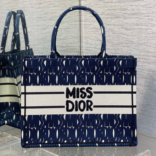DIOR MISS MEDIUM TOTE 36 IN WHITE MIX DEEP COVE BLUE CANVAS