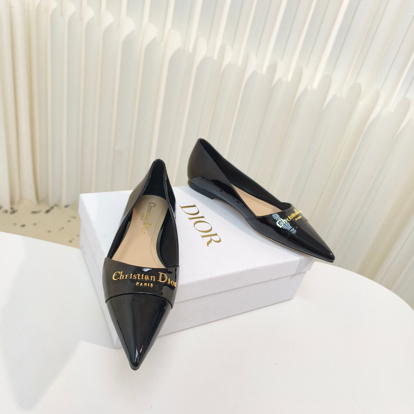 DIOR POINTED BALLET FLATS 25S IN BLACK GLOSSY LEATHER WITH GOLD HARDWARE