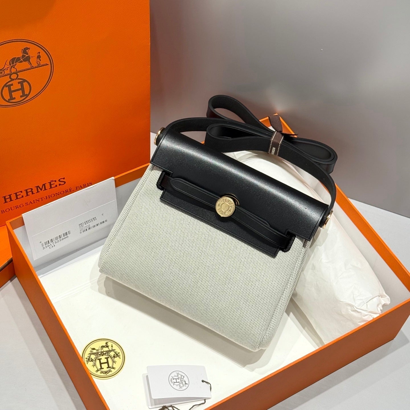 HERMES 25S MINI HERBAG 20 IN SAGE GRAY CANVAS GOLD HARDWARE